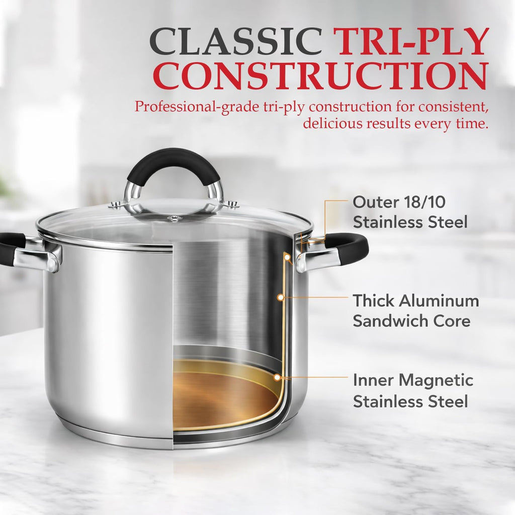 12 Pcs Stainless Steel Pots and Pans Set – Induction Compatible Cooking Pot with Silicon Handles and Glass Lids | Stockpot Set Casserole, Frying Pan & Saucepan Set | Durable Cookware Set