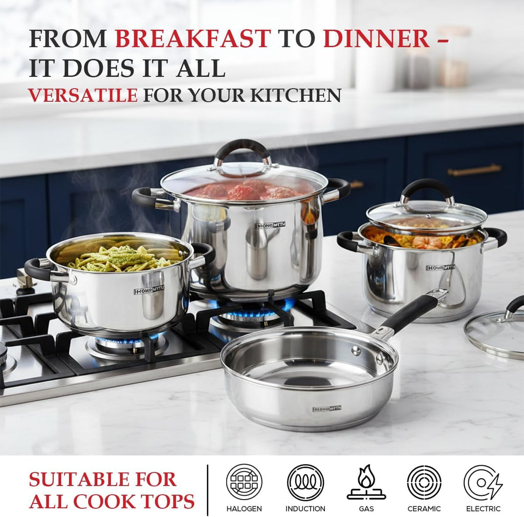 12 Pcs Stainless Steel Pots and Pans Set – Induction Compatible Cooking Pot with Silicon Handles and Glass Lids | Stockpot Set Casserole, Frying Pan & Saucepan Set | Durable Cookware Set