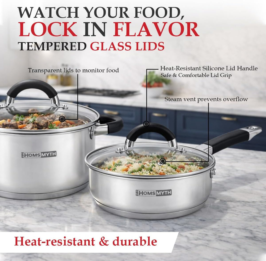12 Pcs Stainless Steel Pots and Pans Set – Induction Compatible Cooking Pot with Silicon Handles and Glass Lids | Stockpot Set Casserole, Frying Pan & Saucepan Set | Durable Cookware Set
