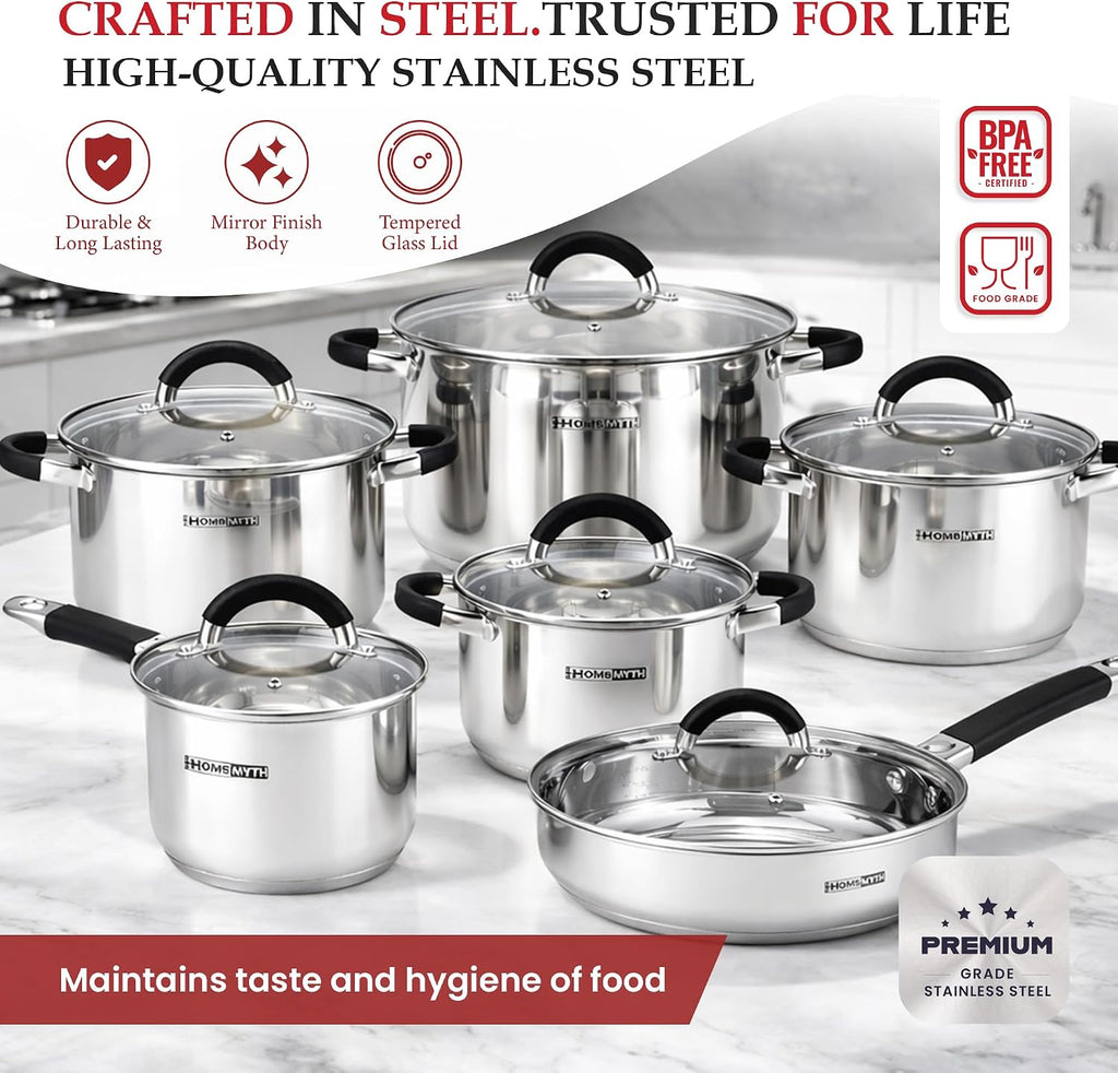 12 Pcs Stainless Steel Pots and Pans Set – Induction Compatible Cooking Pot with Silicon Handles and Glass Lids | Stockpot Set Casserole, Frying Pan & Saucepan Set | Durable Cookware Set