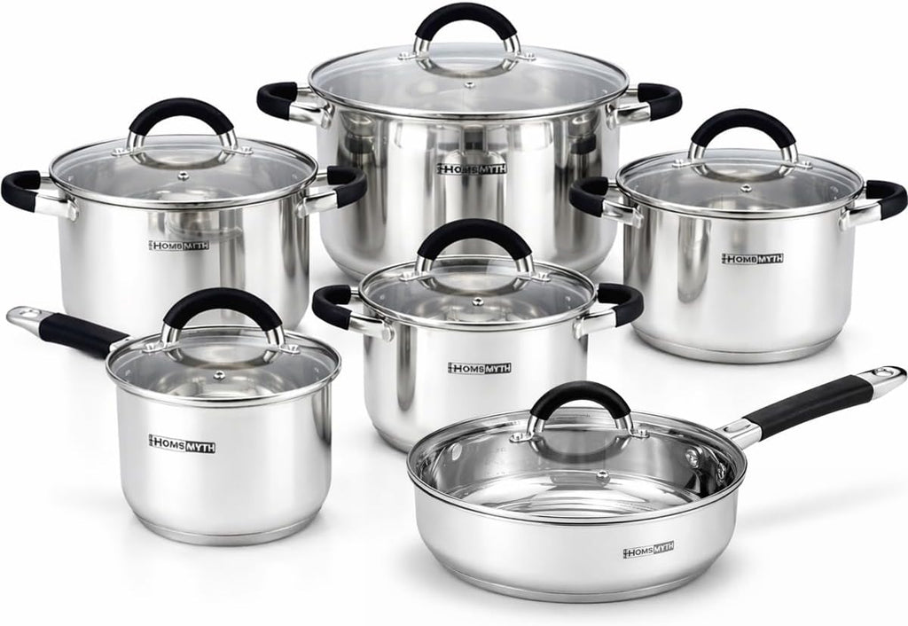 12 Pcs Stainless Steel Pots and Pans Set – Induction Compatible Cooking Pot with Silicon Handles and Glass Lids | Stockpot Set Casserole, Frying Pan & Saucepan Set | Durable Cookware Set