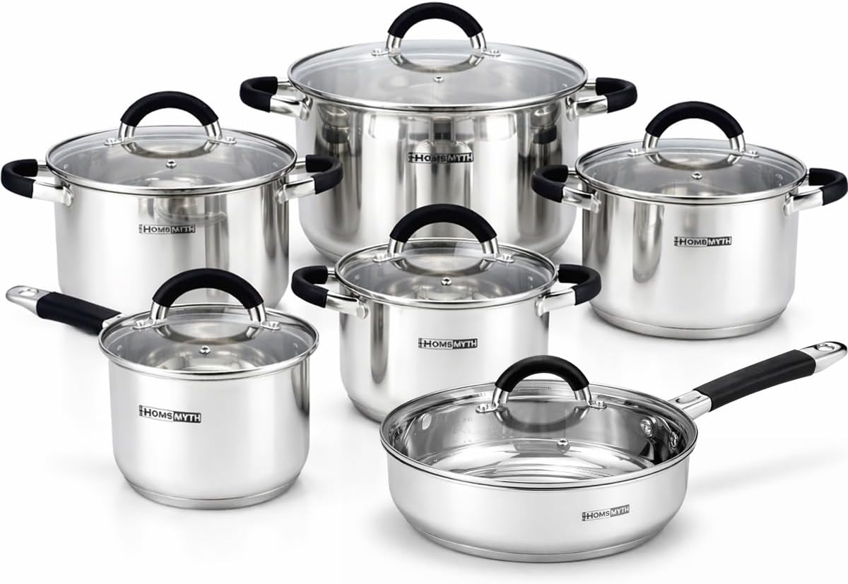 12 Pcs Stainless Steel Pots and Pans Set – Induction Compatible Cooking Pot with Silicon Handles and Glass Lids | Stockpot Set Casserole, Frying Pan & Saucepan Set | Durable Cookware Set