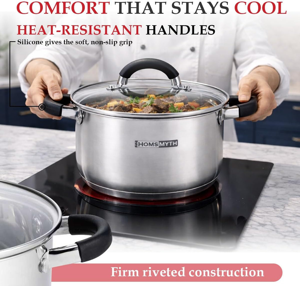 12 Pcs Stainless Steel Pots and Pans Set – Induction Compatible Cooking Pot with Silicon Handles and Glass Lids | Stockpot Set Casserole, Frying Pan & Saucepan Set | Durable Cookware Set