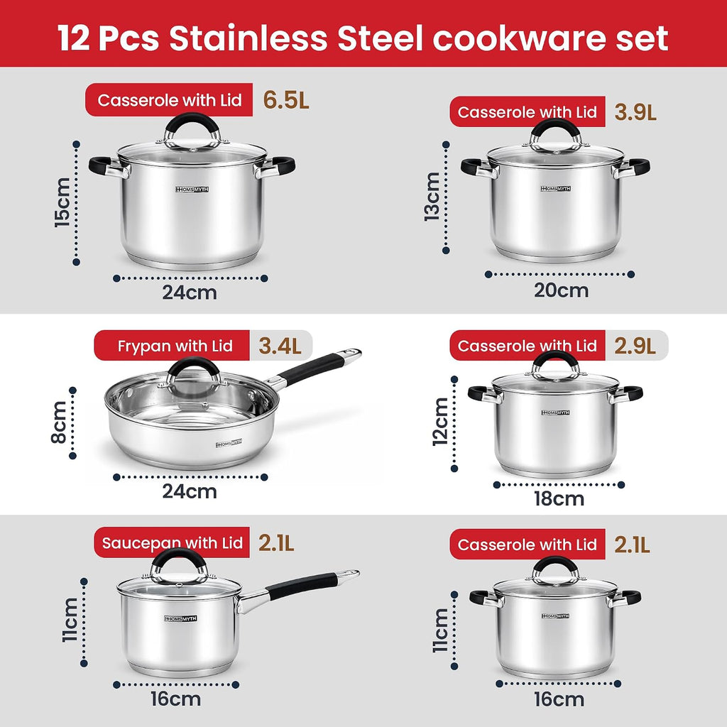 12 Pcs Stainless Steel Pots and Pans Set – Induction Compatible Cooking Pot with Silicon Handles and Glass Lids | Stockpot Set Casserole, Frying Pan & Saucepan Set | Durable Cookware Set