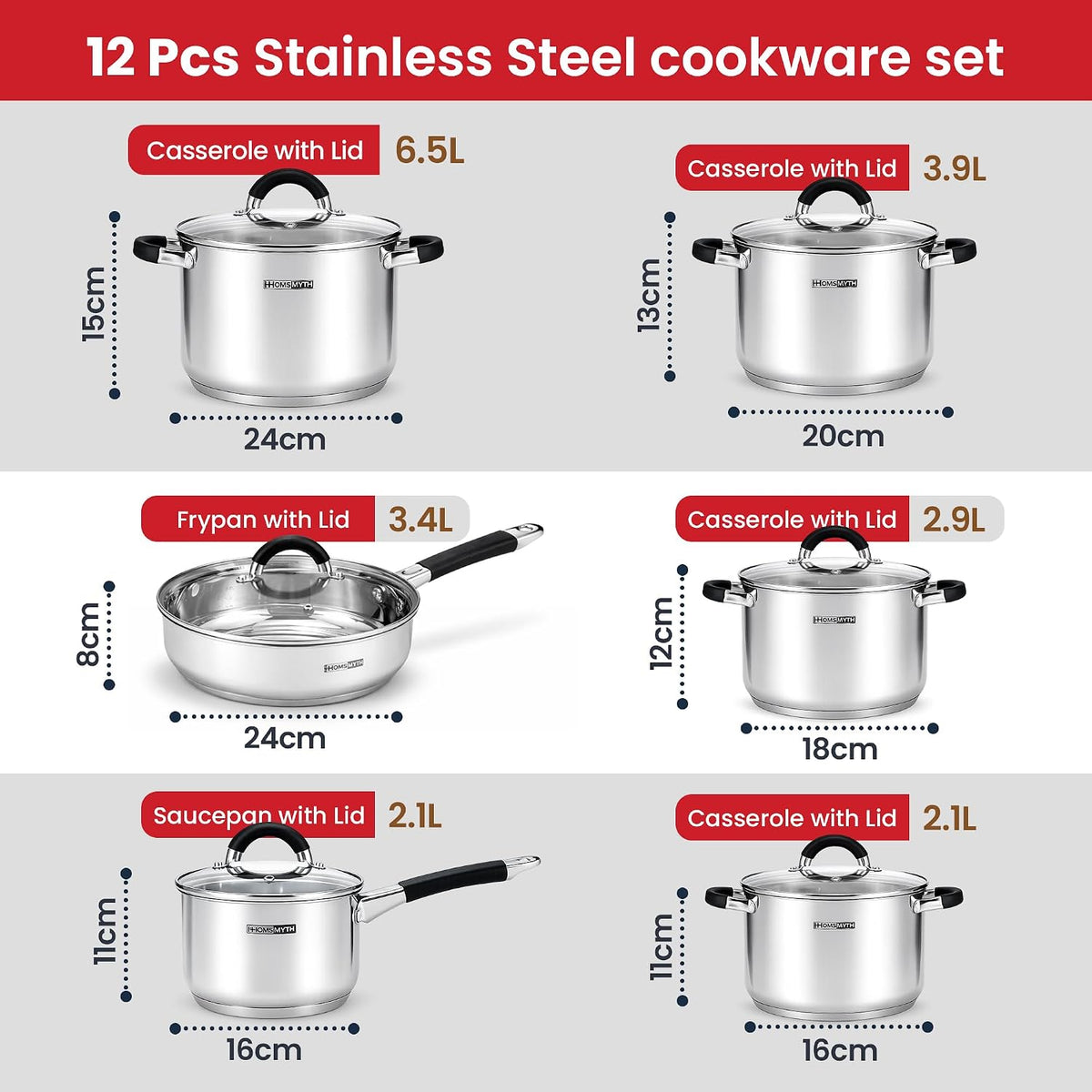 12 Pcs Stainless Steel Pots and Pans Set – Induction Compatible Cooking Pot with Silicon Handles and Glass Lids | Stockpot Set Casserole, Frying Pan & Saucepan Set | Durable Cookware Set